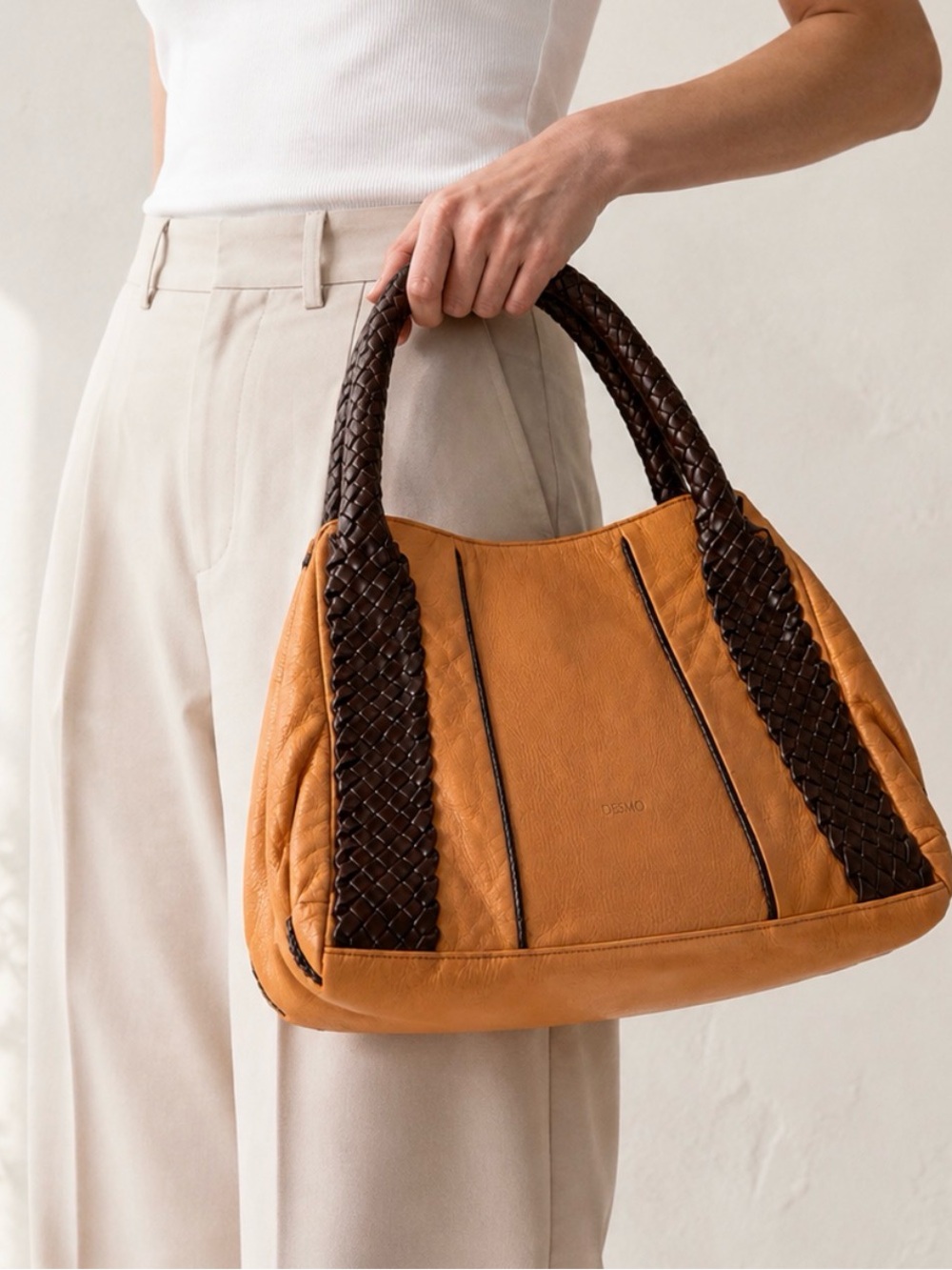 DESMO Tan Leather Tote Bag – Brown Woven Handles